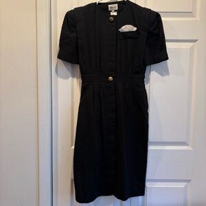 Vintage Leslie Fay Black Button Down Midi Short Sleeve Dress - Size 6
